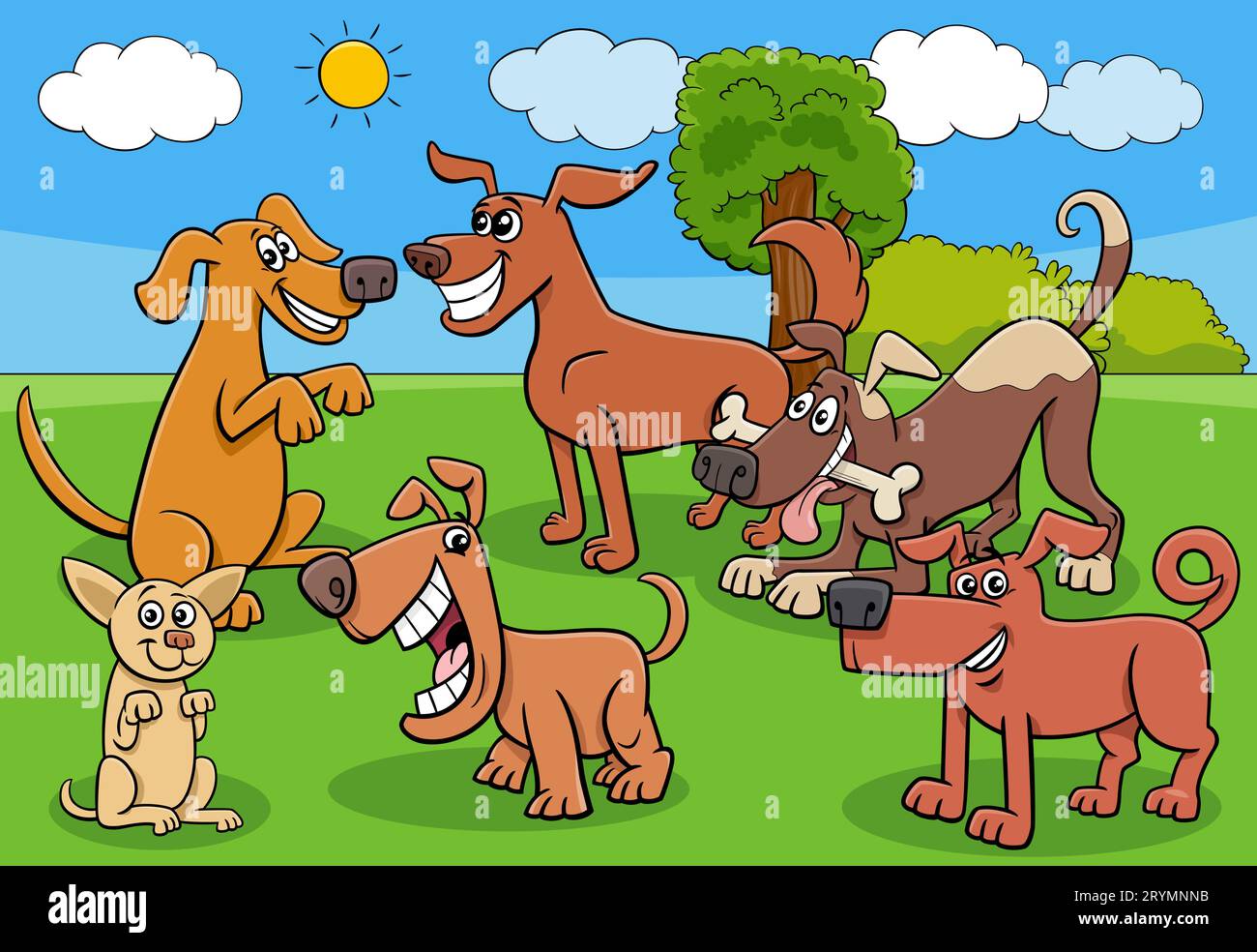 Cartoon illustration of funny dogs and puppies animal characters group in the meadow Stock Photo