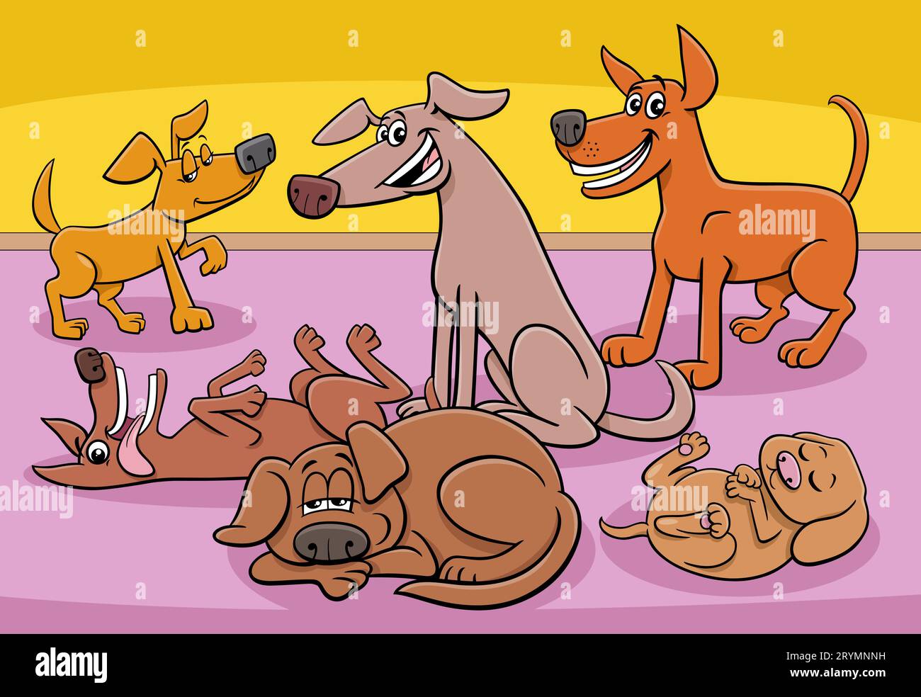 Cartoon illustration of funny dogs and puppies animal characters group at home Stock Photo