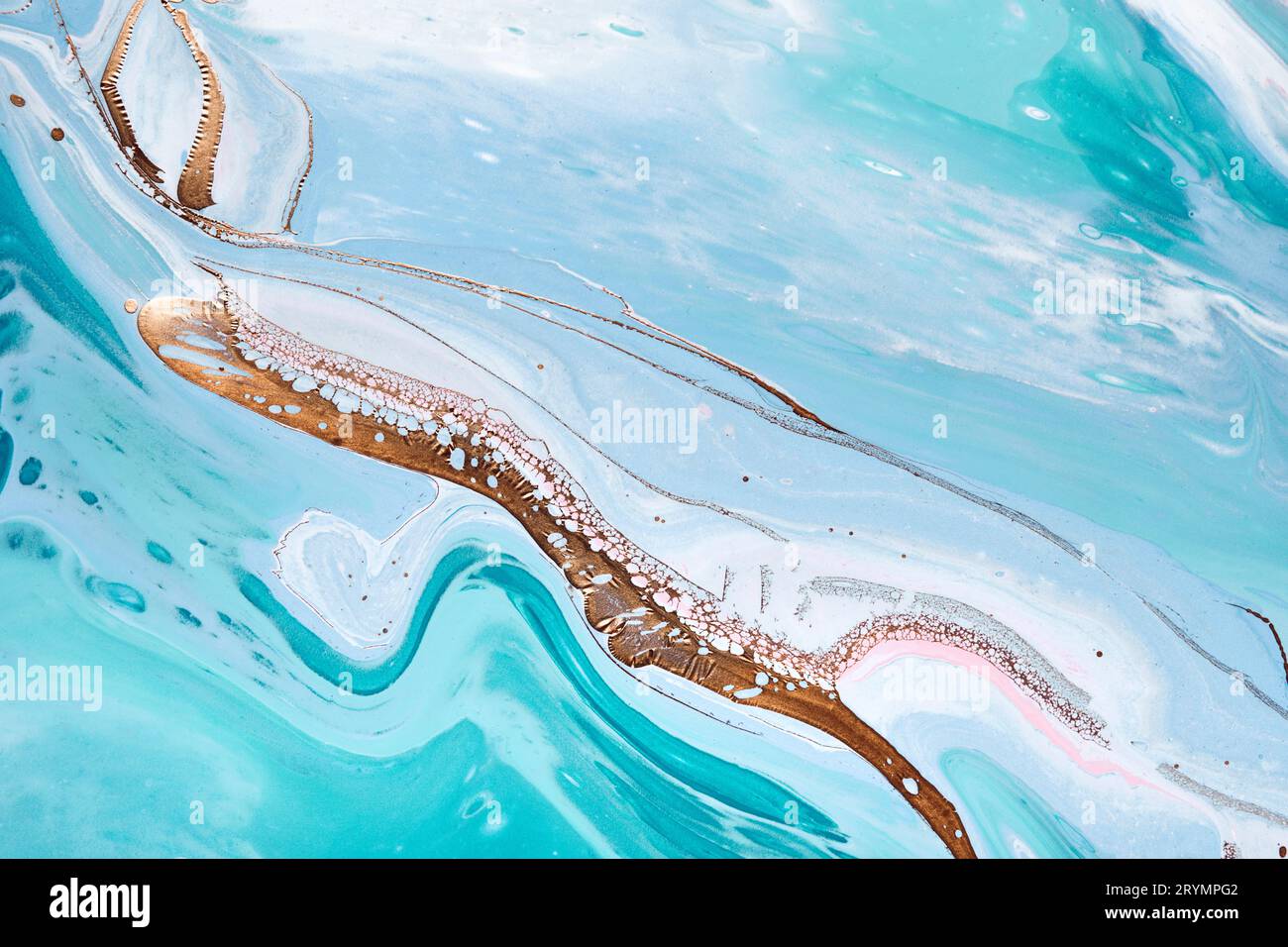 Acrylic Fluid Art. Waves in mint turquoise colors with liquid golden