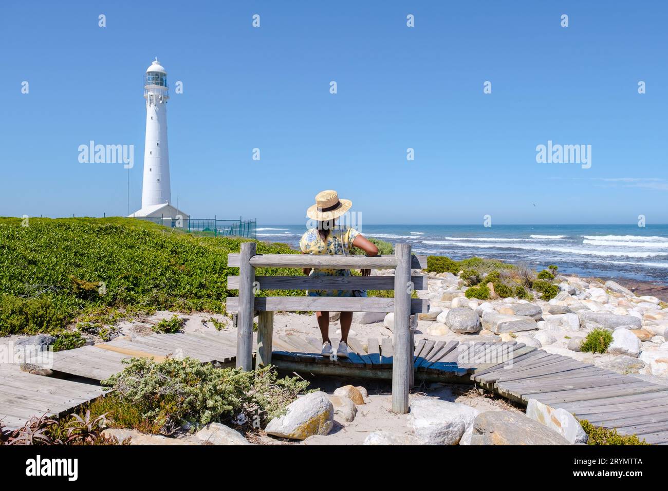 Women visiting the lighthouse of Slangkop Kommetjie Cape Town South Africa Stock Photo