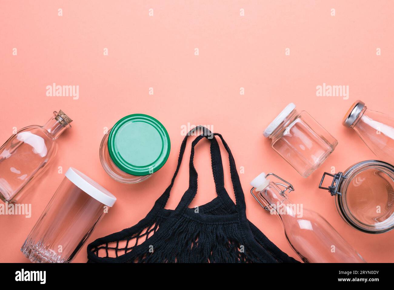 Set of jars and cotton mesh bag for zero waste shopping Stock Photo