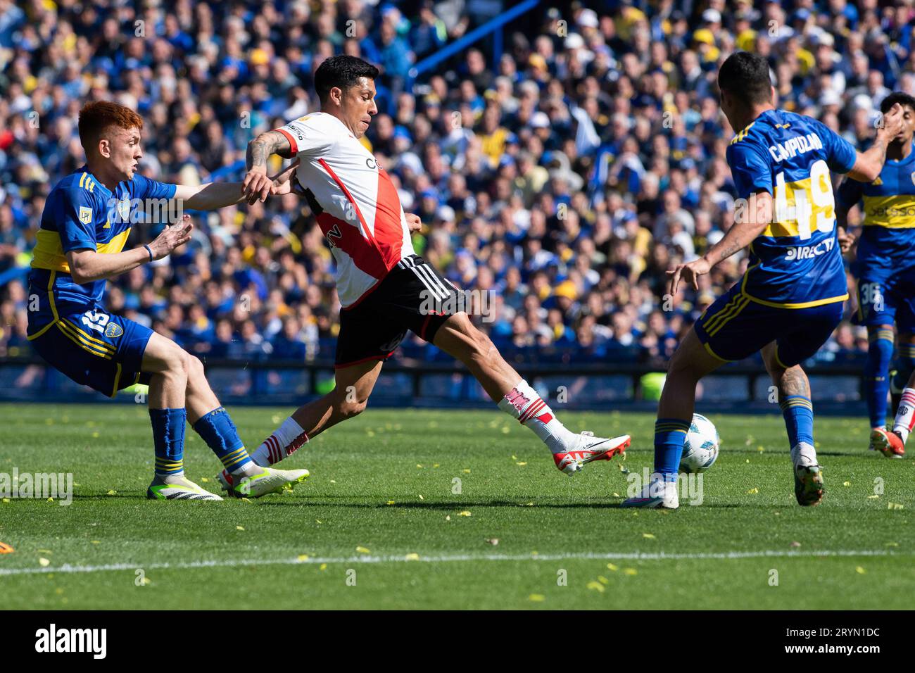 Buenos Aires, Argentina. 01st Oct, 2023. Valentin Barco (L) of Boca Juniors is seen in action with Enzo Pérez (C) of River Plate during a match between Boca Juniors and River Plate as part of Copa de la Liga Profesional 2023 at Estadio Alberto J. Armando in Buenos Aires. Final Score: Boca Juniors(0) v River Plate(2) (Photo by Manuel Cortina/SOPA Images/Sipa USA) Credit: Sipa USA/Alamy Live News Stock Photo