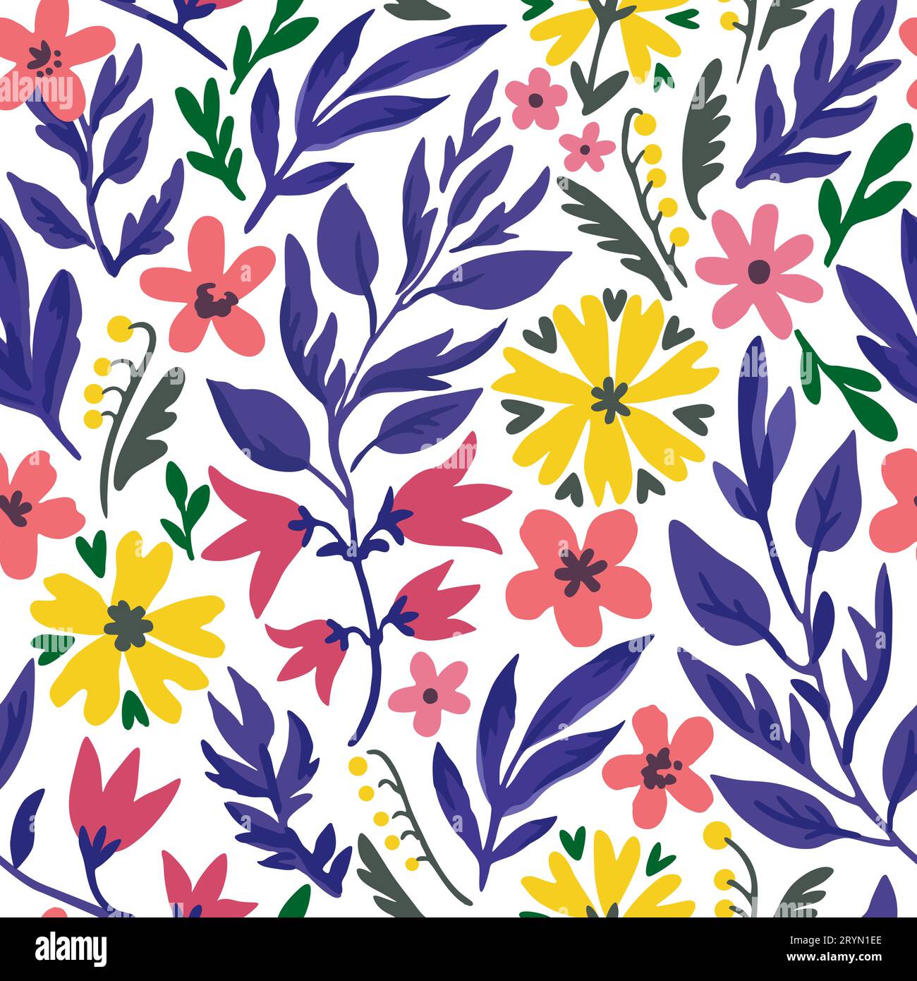 Seamless pattern with cute doodle floral elements. Vector hand-drawn ...