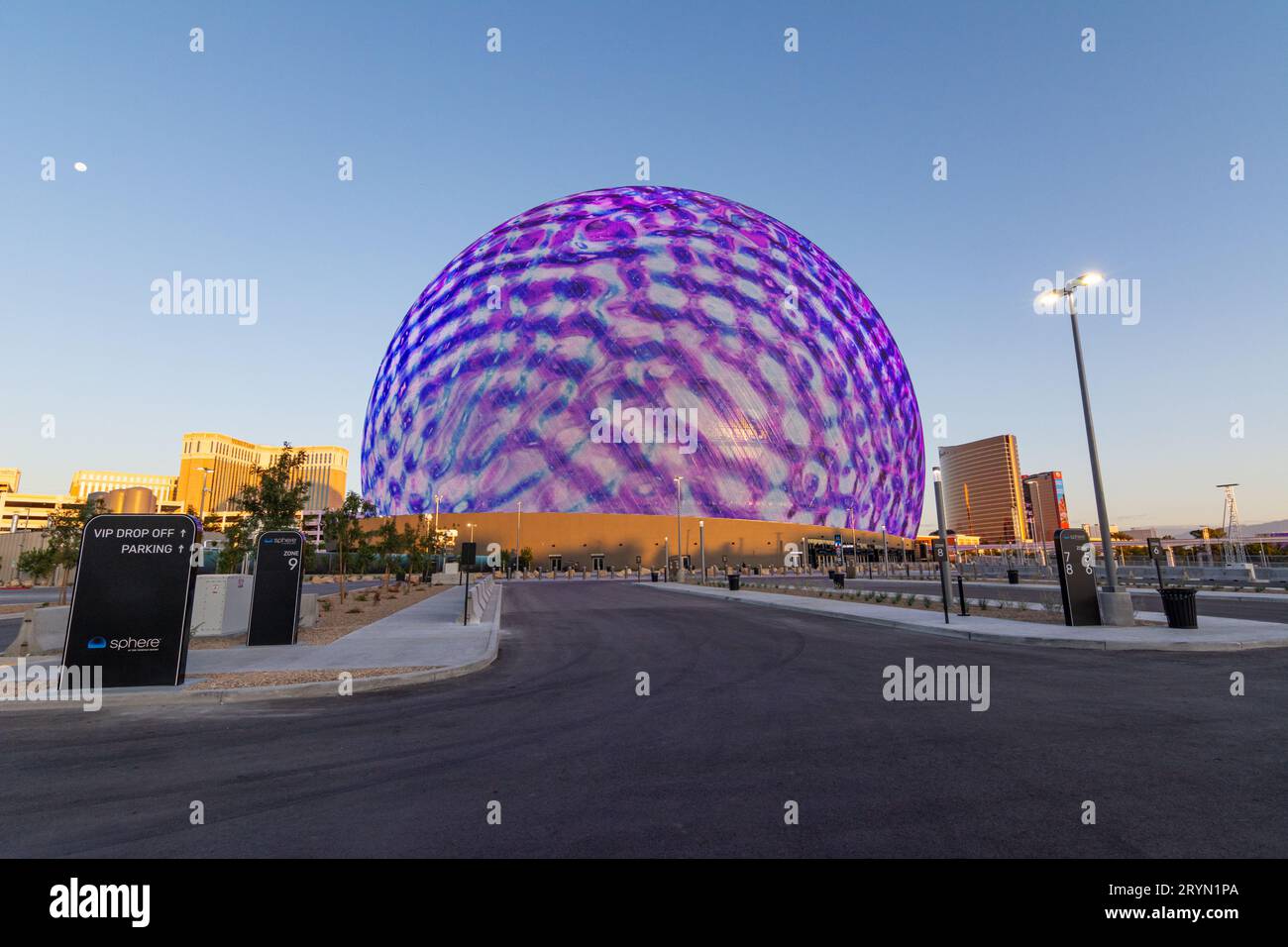 U2:UV Achtung Baby Live at Sphere premiered on Sept. 29, 2023 in MSG Entertainment's innovative performance venue. The outside - the Exosphere - is currently used to display art and advertising. Stock Photo