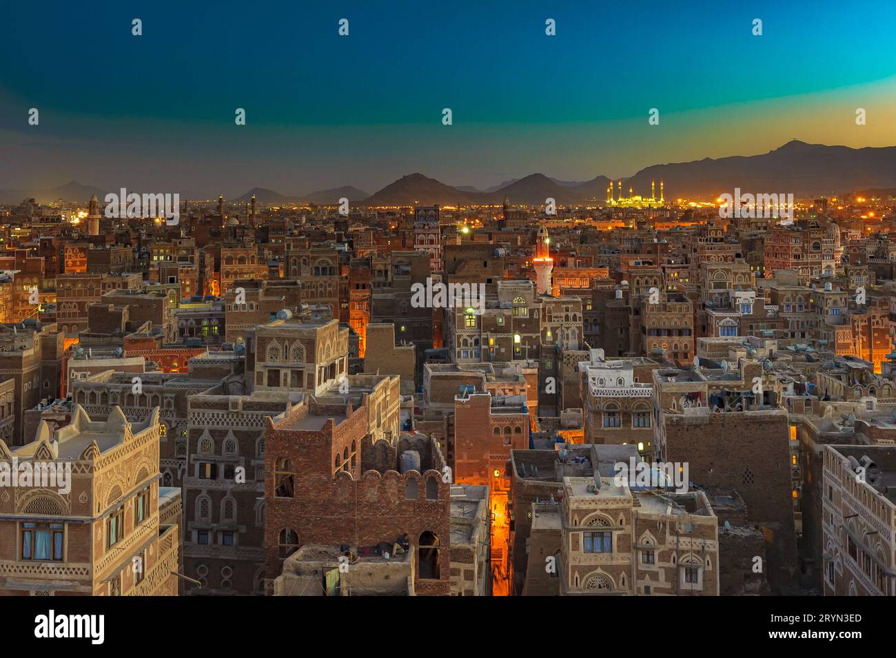 Panorama of Sanaa at night, Yemen Stock Photo Alamy