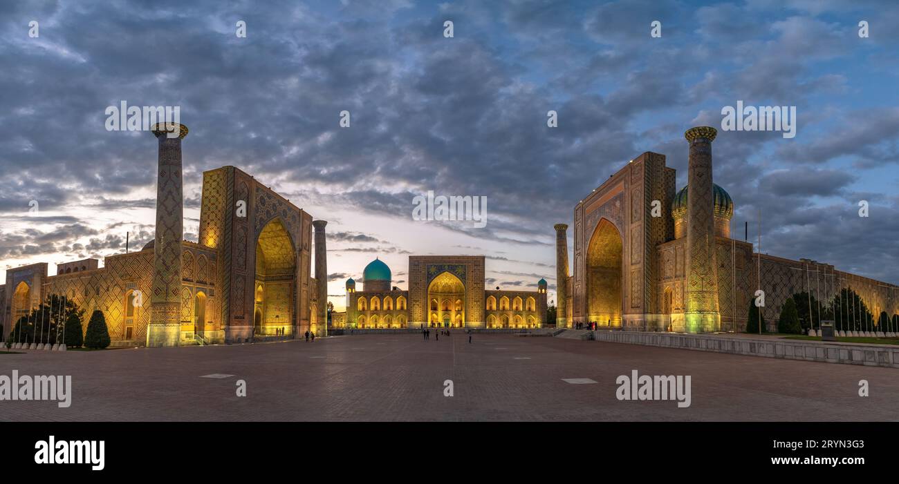 Panoramic view of Registan square, Samarkand, Uzbekistan with three madrasahs: Ulugh Beg, Tilya Kori and Sher-Dor Madrasah. Stock Photo