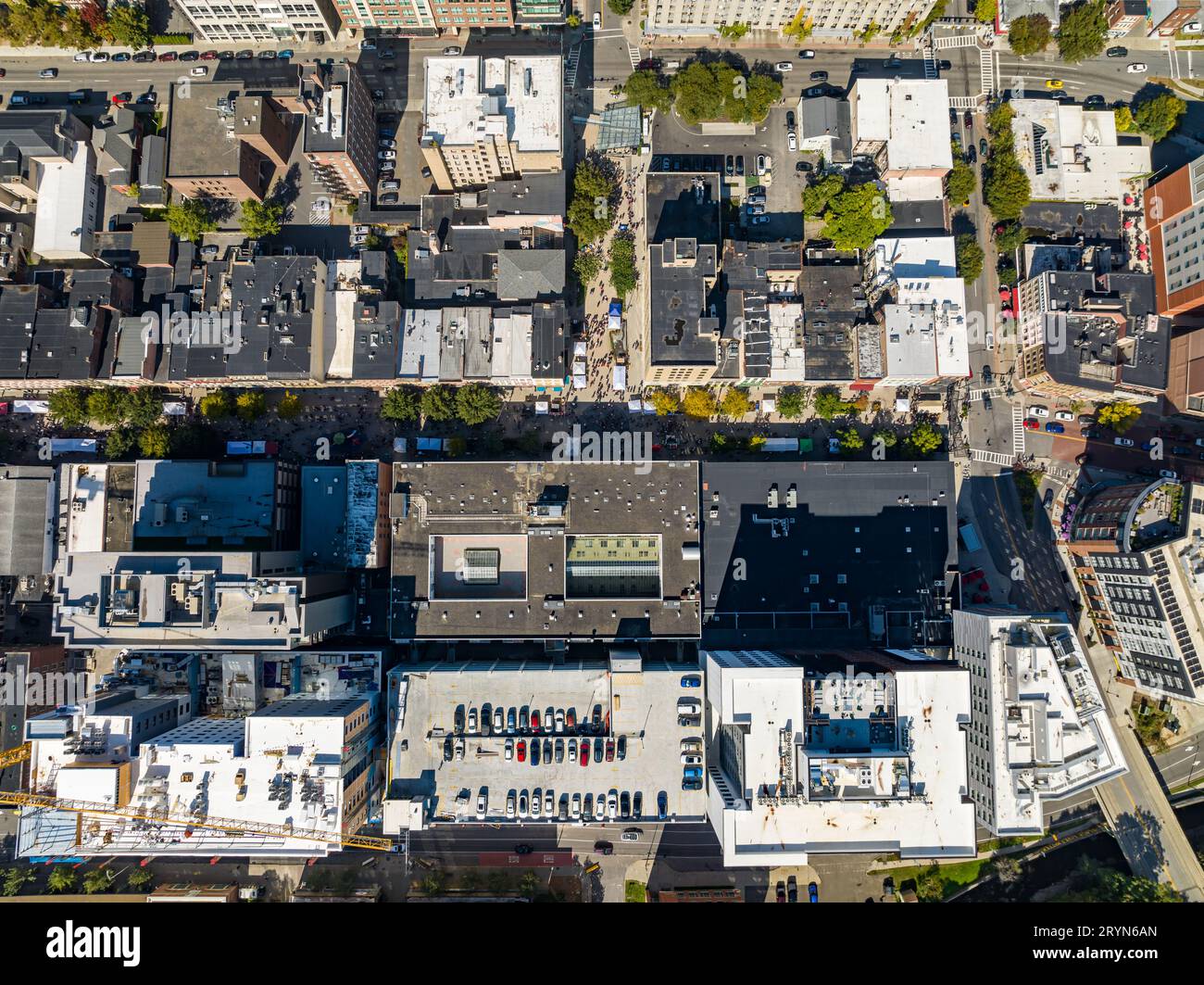 Ithaca, NY, USA - September 30 2023:  Aerial image of the Ithaca Commons during the annual Apple Festival. Stock Photo
