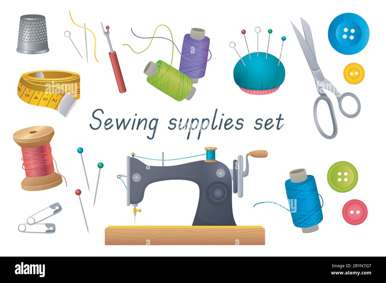 Sewing tools 3d realistic set. Bundle of thimble, needles, pins in