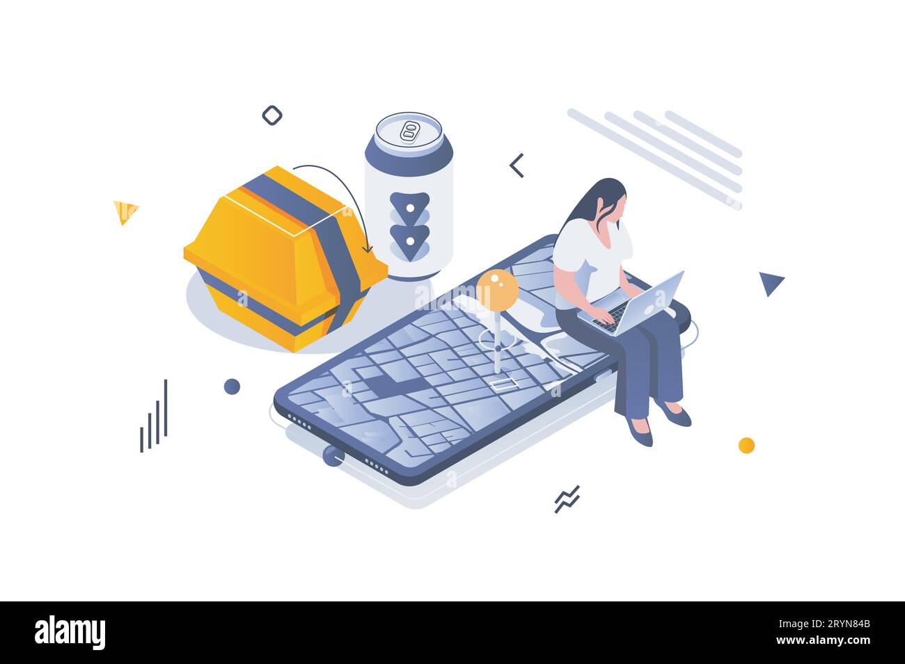 Food delivery concept in 3d isometric design. Woman makes online order from restaurant and