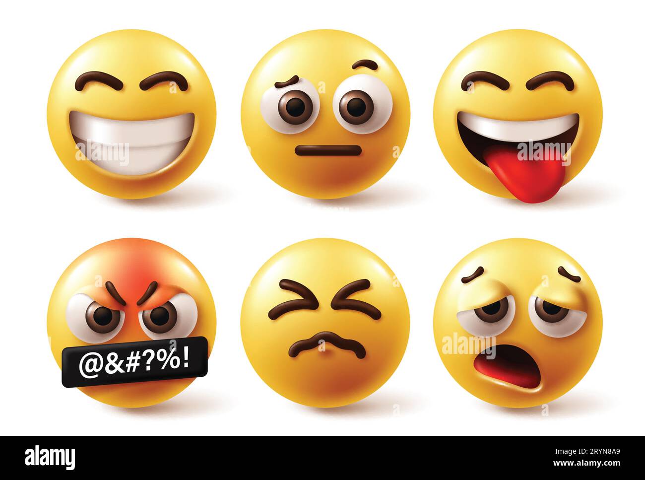 Emojis emoticon vector set. Emoticons emoji character yellow icon collection in happy, smile, confused, naughty, mad, angry and sleepy facial Stock Vector