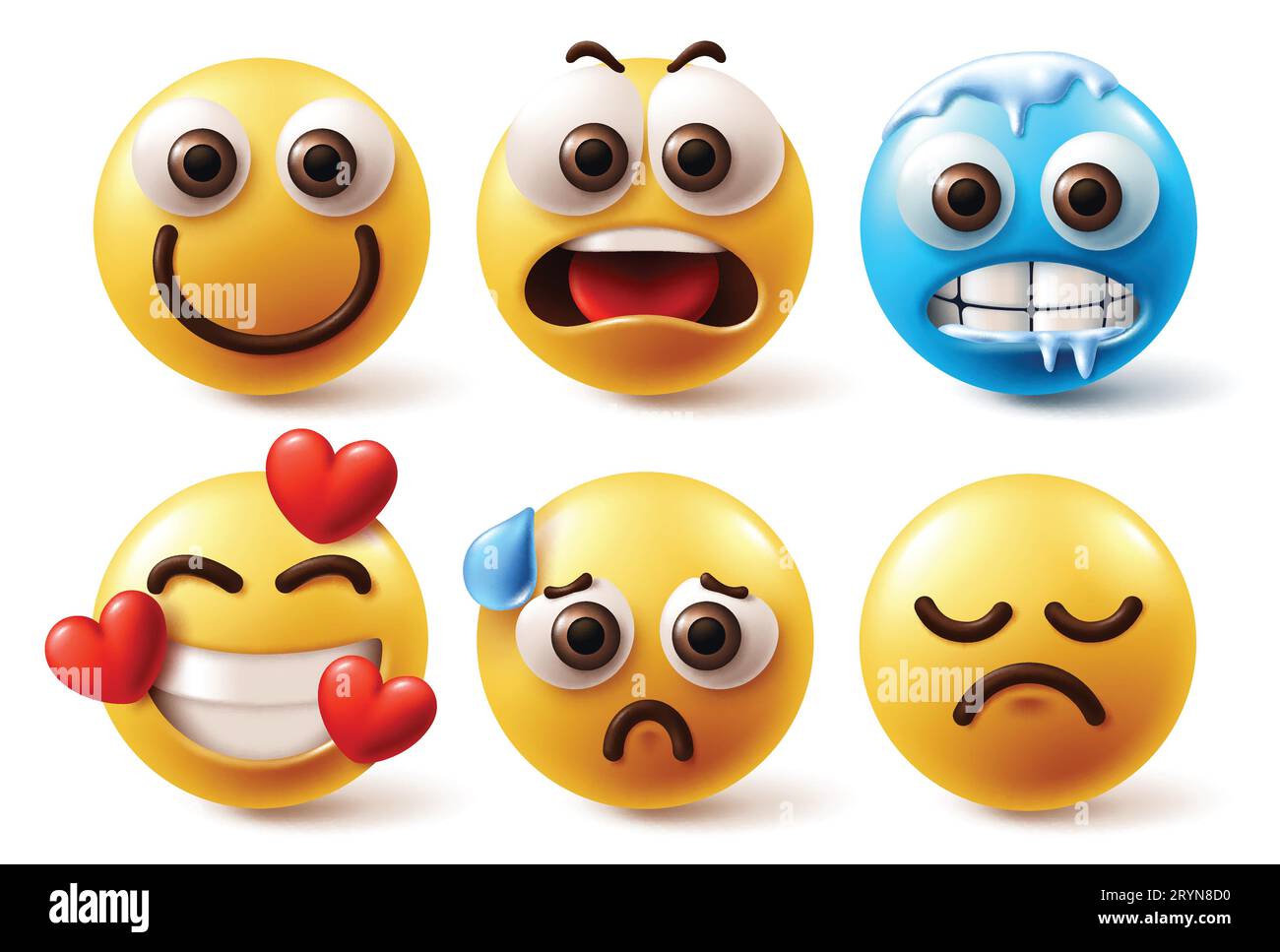 Emojis emoticon characters vector set. Emoji emoticons in happy, shock, freeze, in love, funny and sad facial expression in white background. Vector Stock Vector