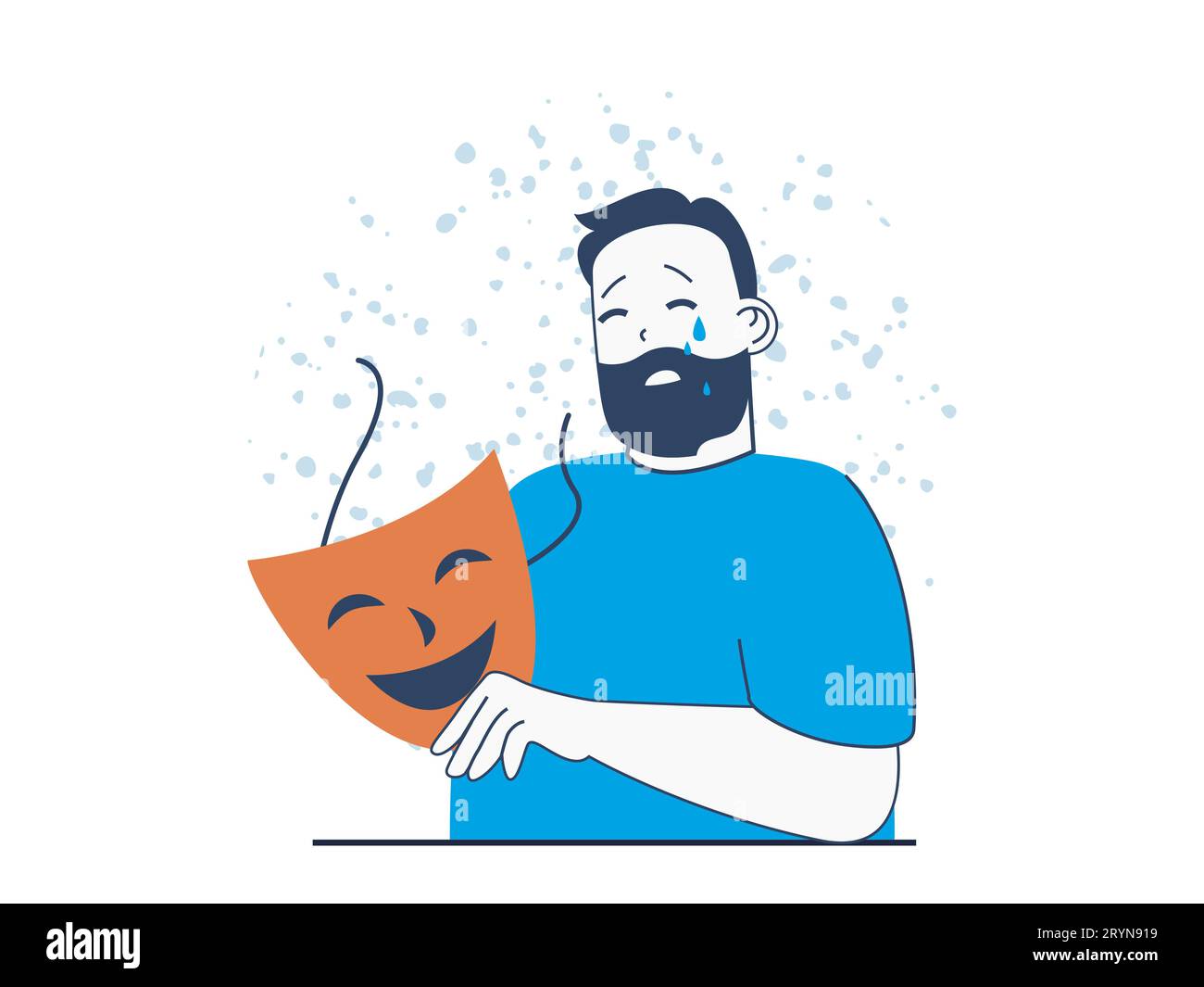 Mental health concept with character situation. Sad crying man wear