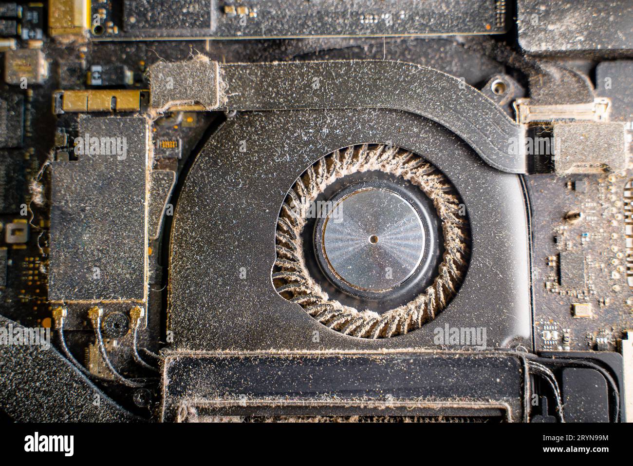The inside of an old laptop covered in dust, closeup. Dust lumps in