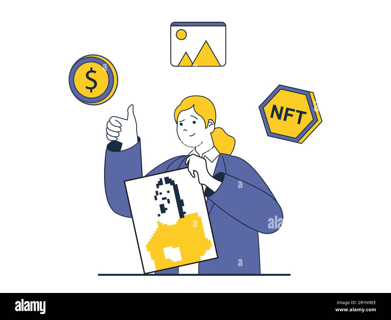 NFT token concept with character situation. Woman sells or buys digital