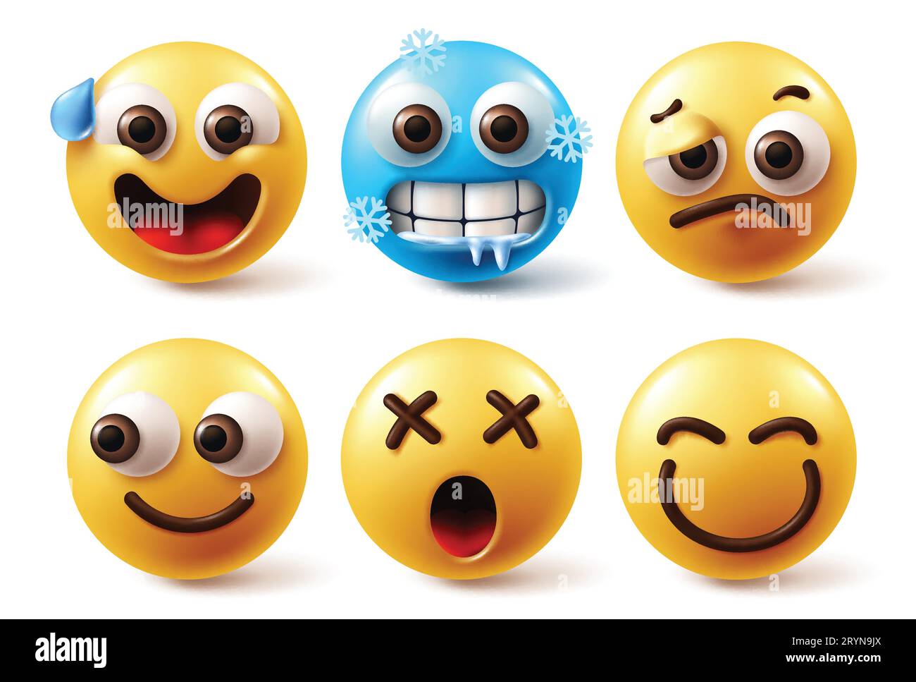 Emoji face characters vector set. Emojis emoticon yellow icon faces in frightened, chill, cold, tired and curios looking face reaction in white Stock Vector