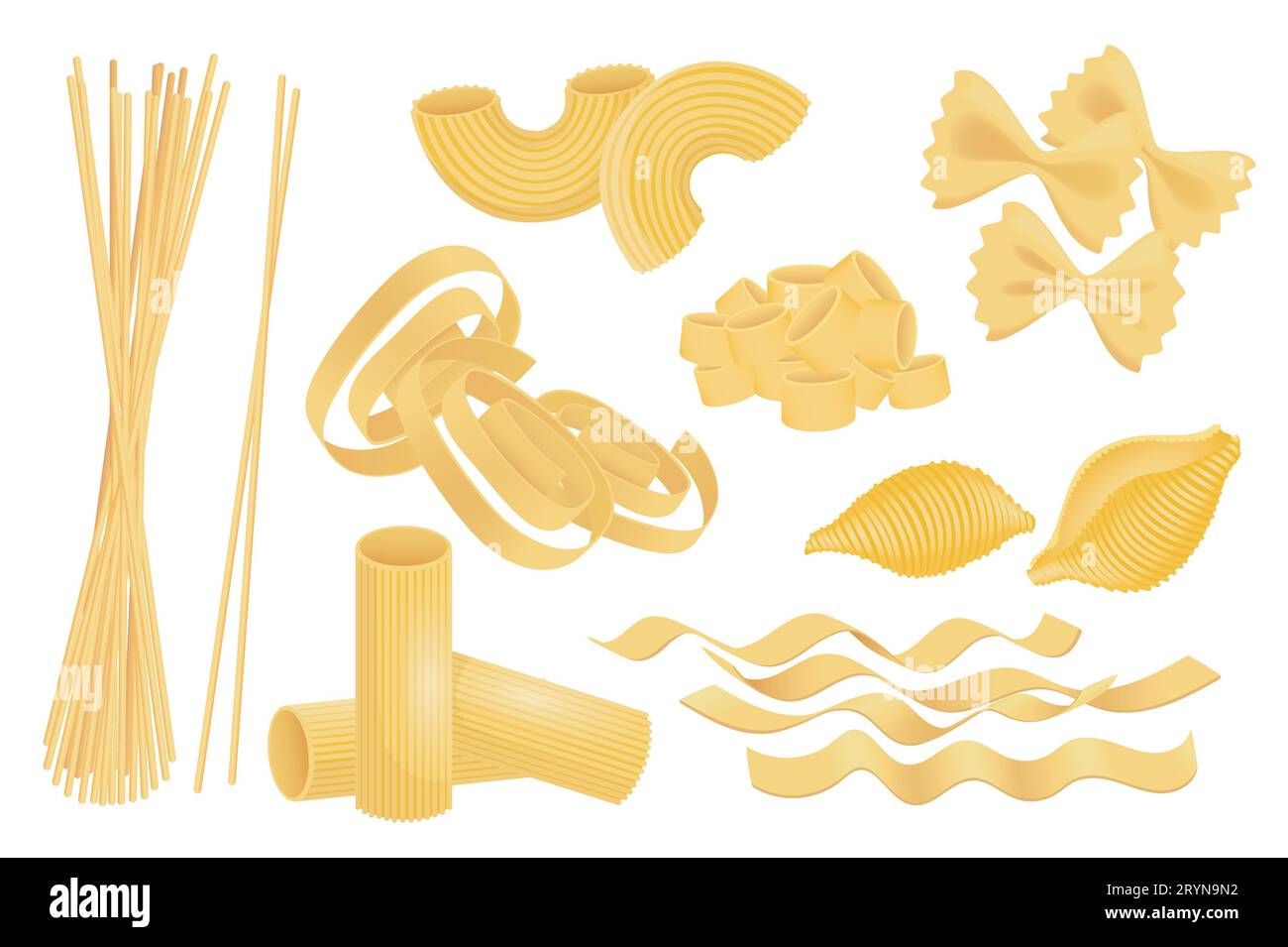 Cartoon pasta. Different noodles types. Spaghetti, penne and macaroni.  Italian flour products shapes. Ravioli and casarecce. Traditional food.  Bowl Stock Vector Image & Art - Alamy, types of pasta
