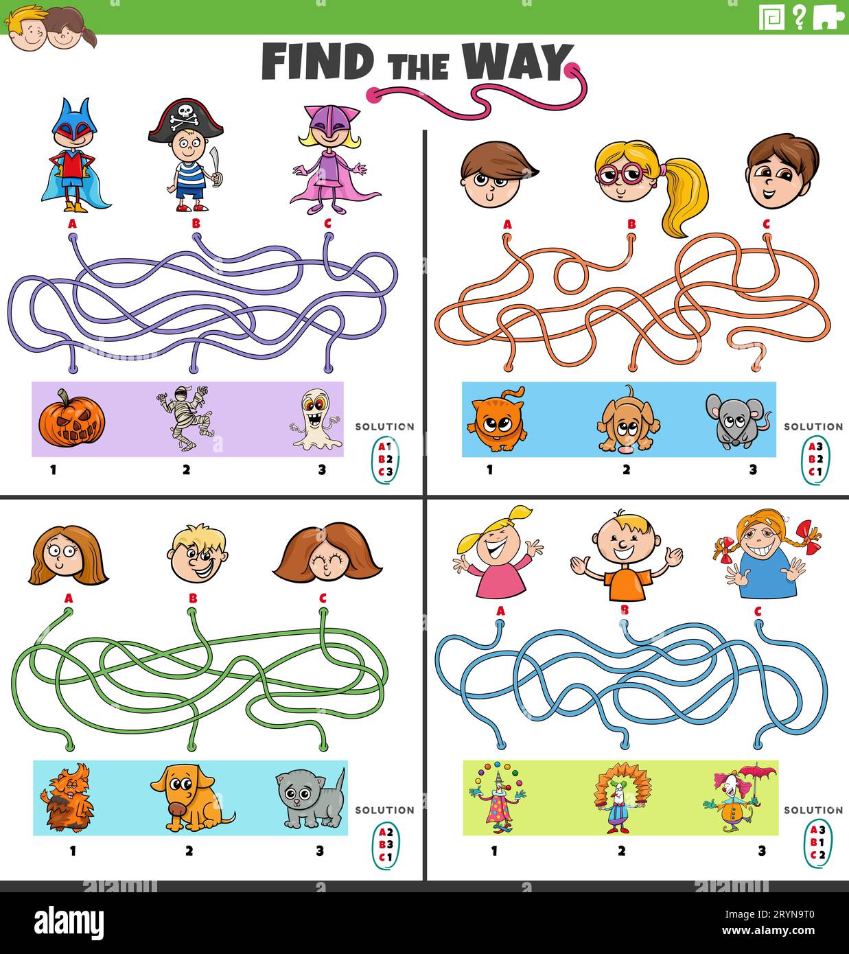 Cartoon illustration of find the way maze puzzle games set with funny comic children characters Stock Photo