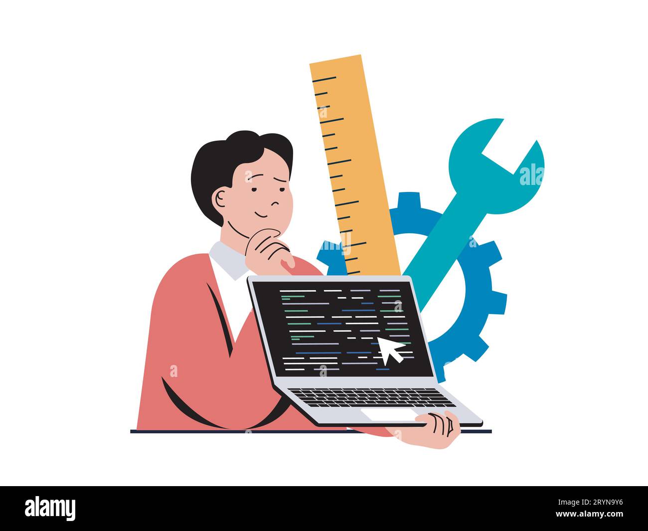 Programming software concept with character situation. Man working with