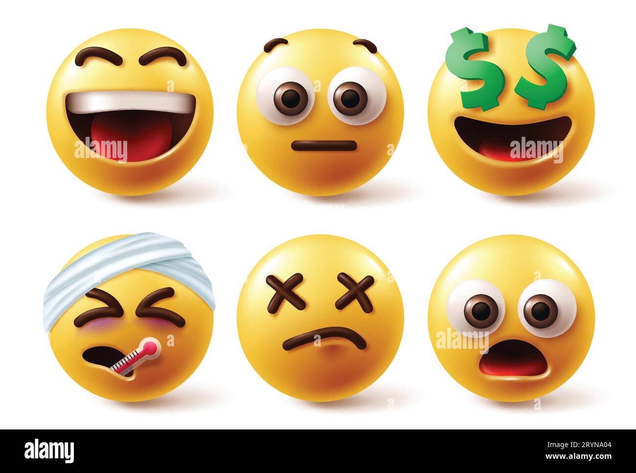 Emojis characters vector set. Emoji emoticons character in happy, funny, injured, shock and sick yellow icon elements. Vector illustration emojis Stock Vector