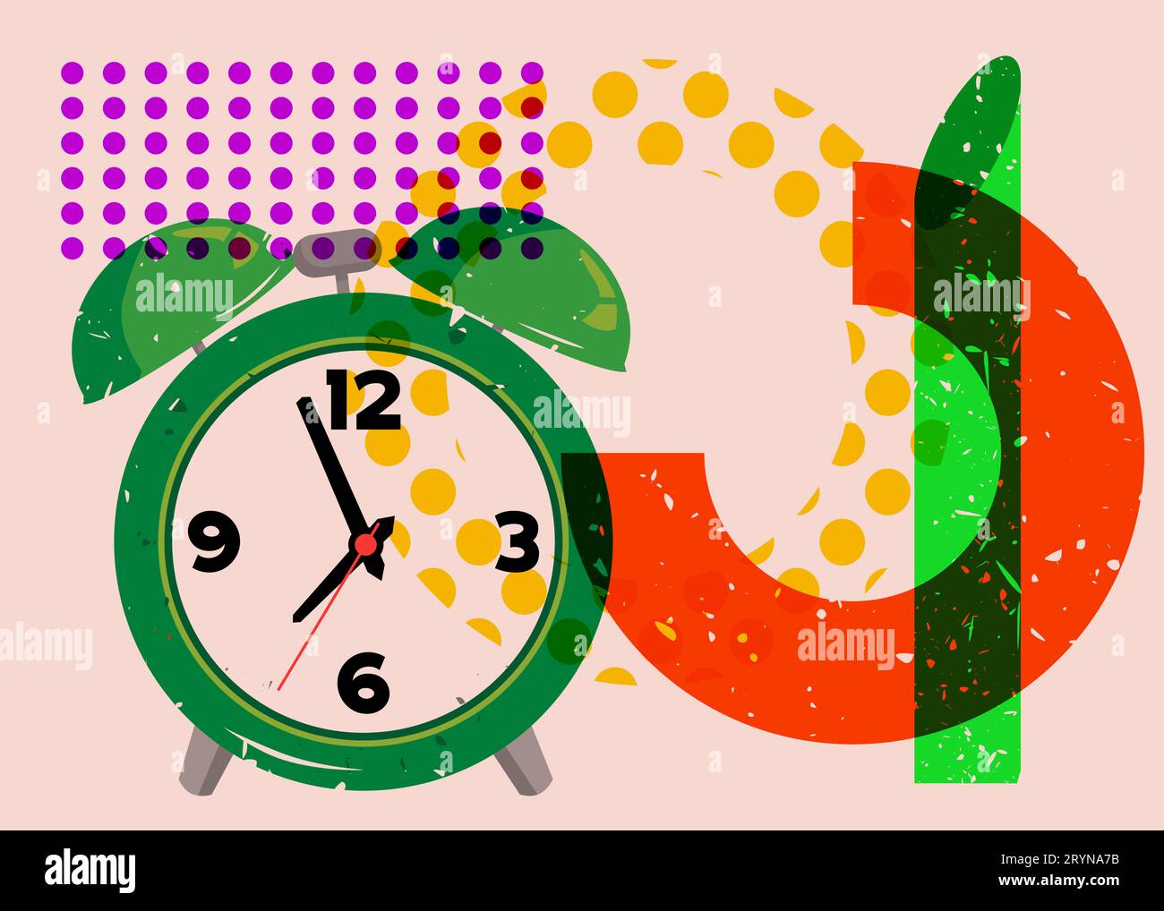 Risograph alarm clock wirh geometric shapes. Waking up early morning concept with objects in trendy riso graph design, print texture style. Stock Vector