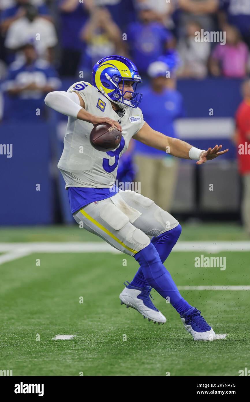 Indianapolis, IN USA;  Los Angeles Rams quarterback Matthew Stafford (9) scrambles out of the pocket during an NFL game against the Indianapolis Colts Stock Photo