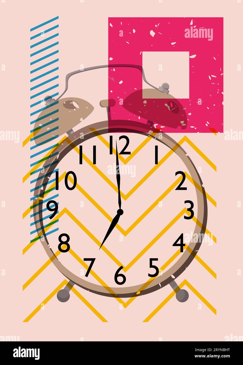 Risograph alarm clock wirh geometric shapes. Waking up early morning concept with objects in trendy riso graph design, print texture style. Stock Vector