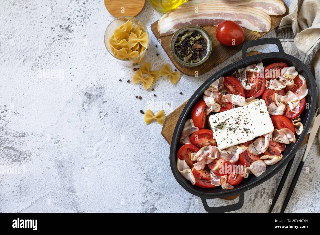 Ingredient for Baked feta pasta, or Tiktok pasta. Oven baked feta pasta