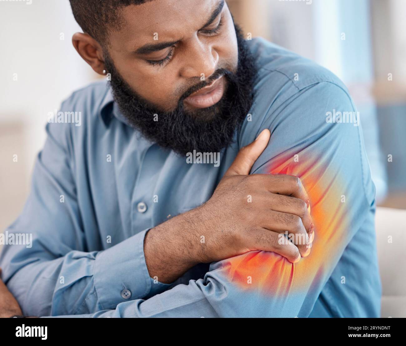 Black man, arm pain and remote work with injury, muscle problem and red ...