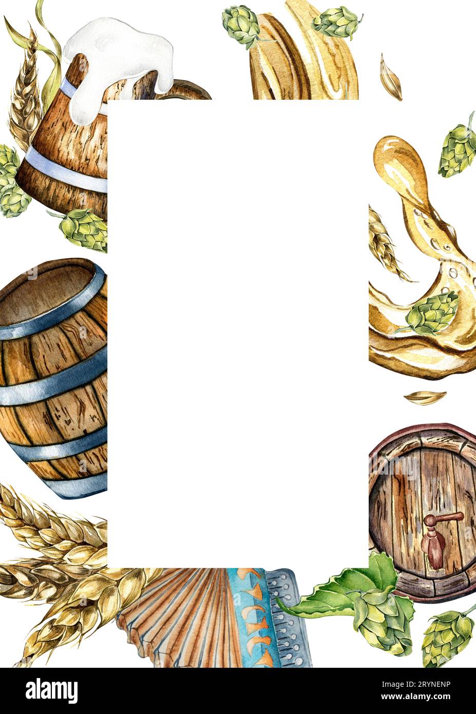Beer Picture Frame Vertical frame of watercolor beer fest. Wooden barrel, pint of beer ...