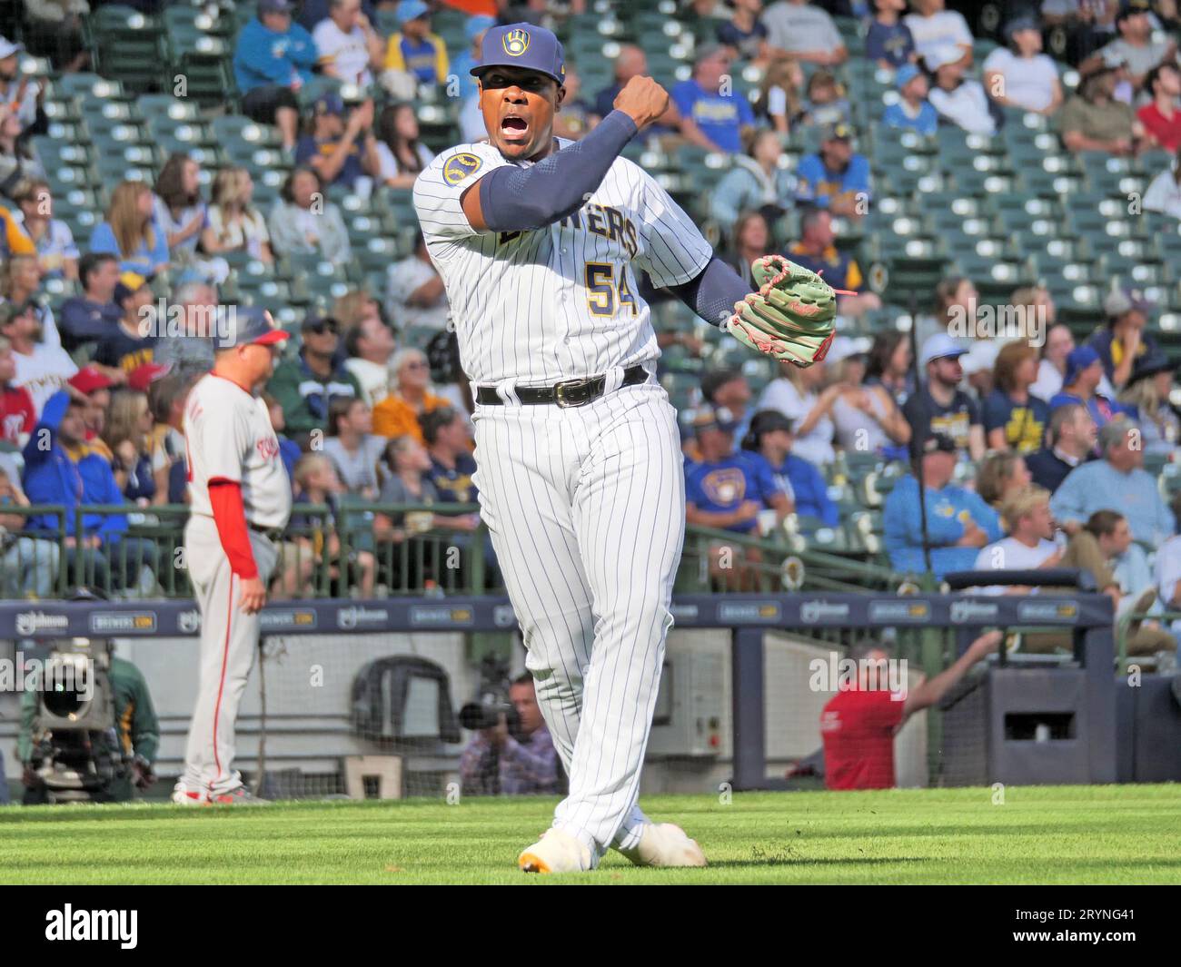 Milwaukee, WI USA; against the Washington Nationals relief pitcher Thyago Viera (54) shows emotion after an out during an MLB game against the Washing Stock Photo
