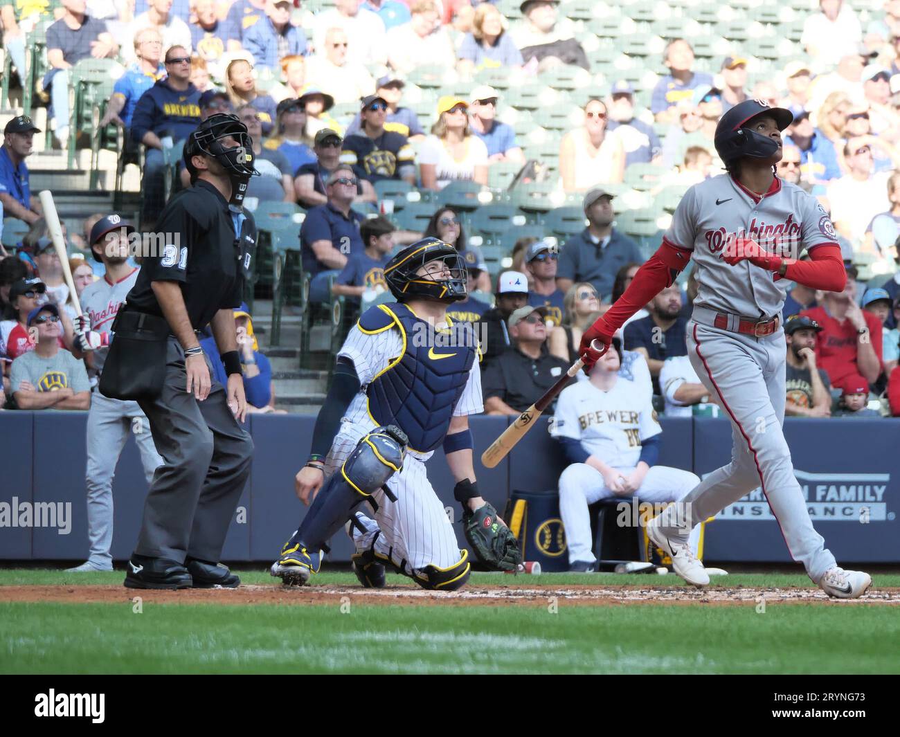 Milwaukee, WI USA; Washington Nationals shortstop CJ Abrams (5) hits a ball  deep during an MLB game against the Milwaukee Brewers on Sunday, September  17, 2023 at American Family Field. The Nationals