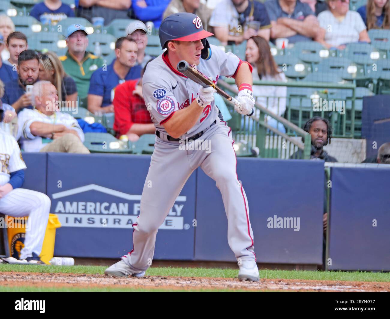 Milwaukee, WI USA; Washington Nationals outfielder Jacob Young (30) readies to bunt during an MLB game against the Milwaukee Brewers on Sunday, Septem Stock Photo