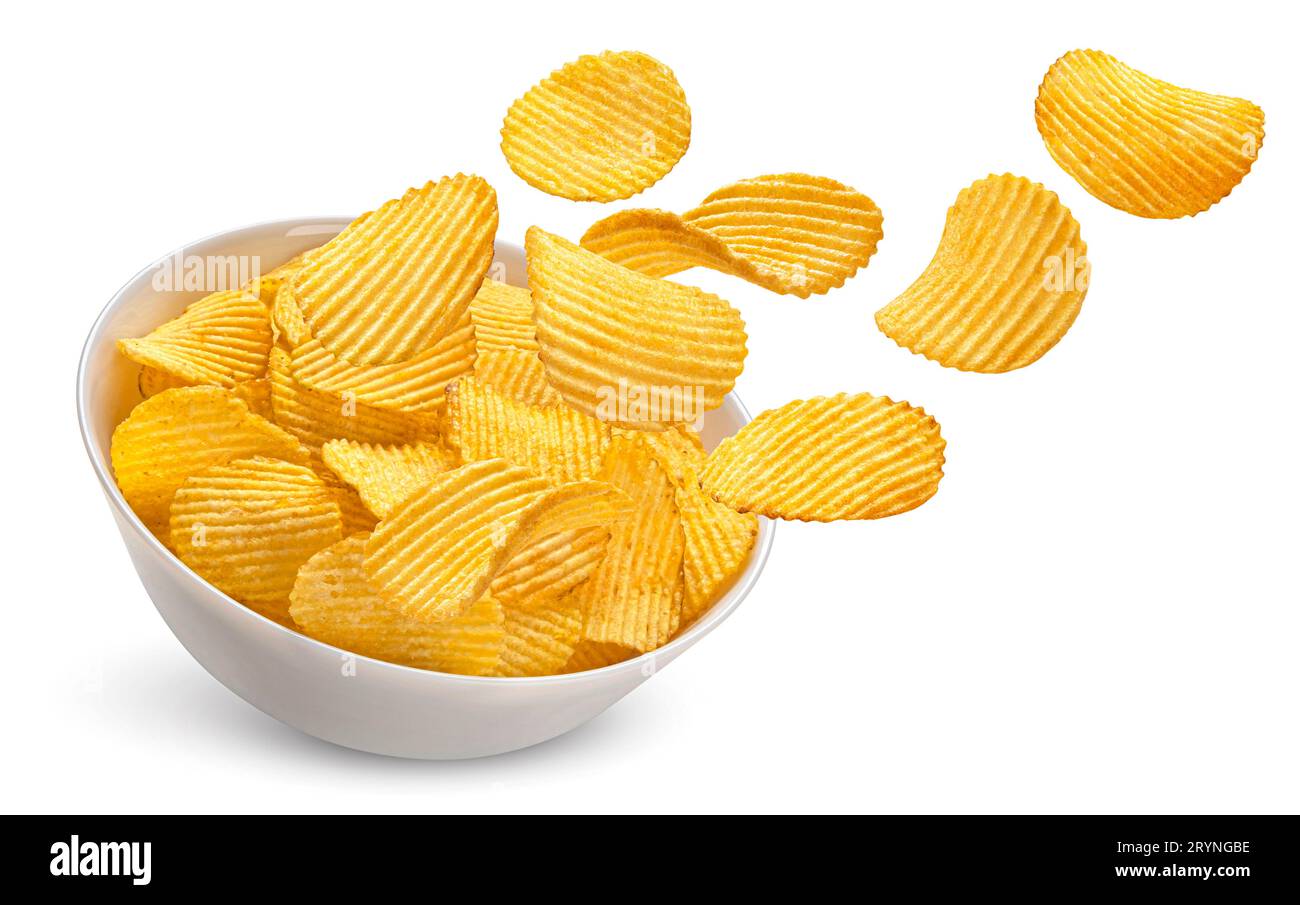 Ridged potato chips in bowl isolated on white background Stock Photo