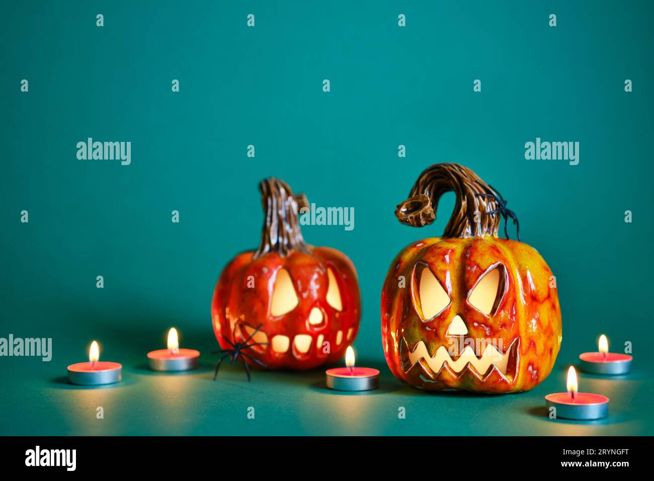 Halloween composition with diy ceramic pumpkins jack lantern and ...