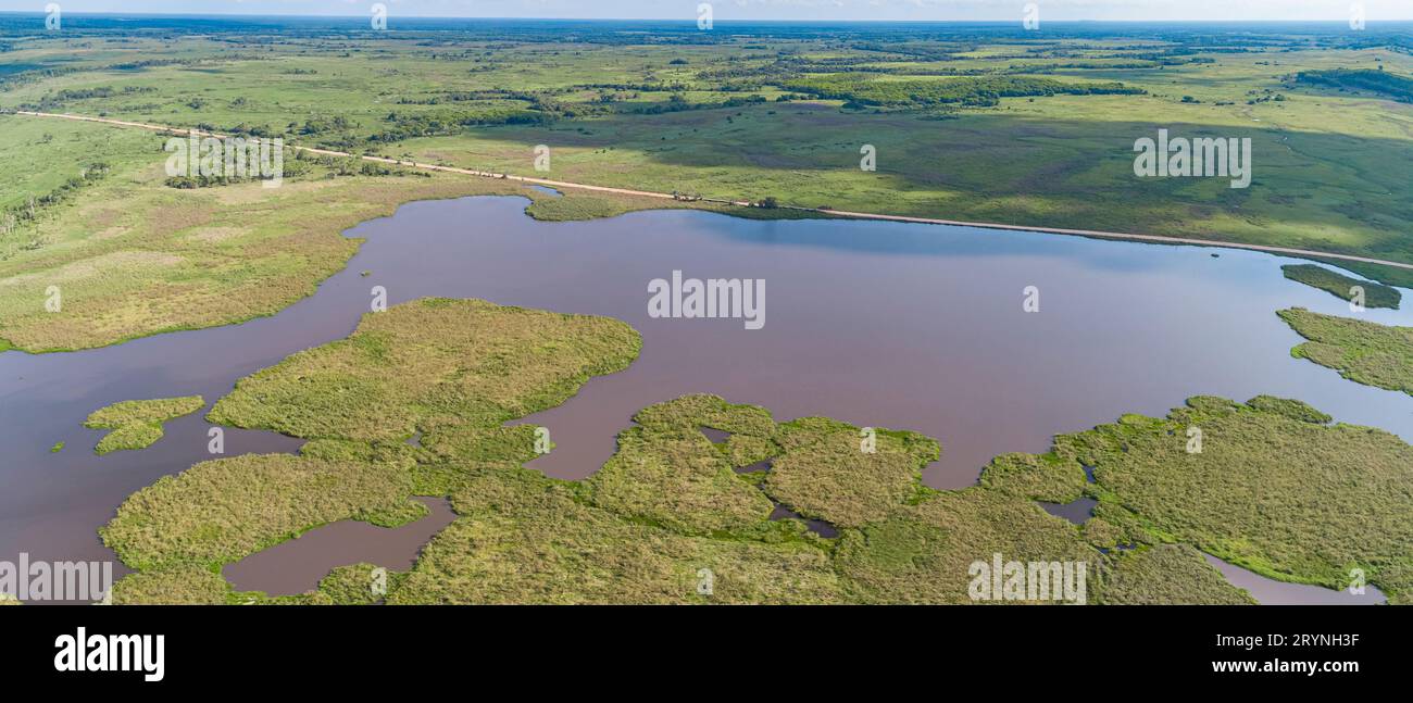 Aerial view of typical Pantanal landscape with lagoons, rivers, meadows ...