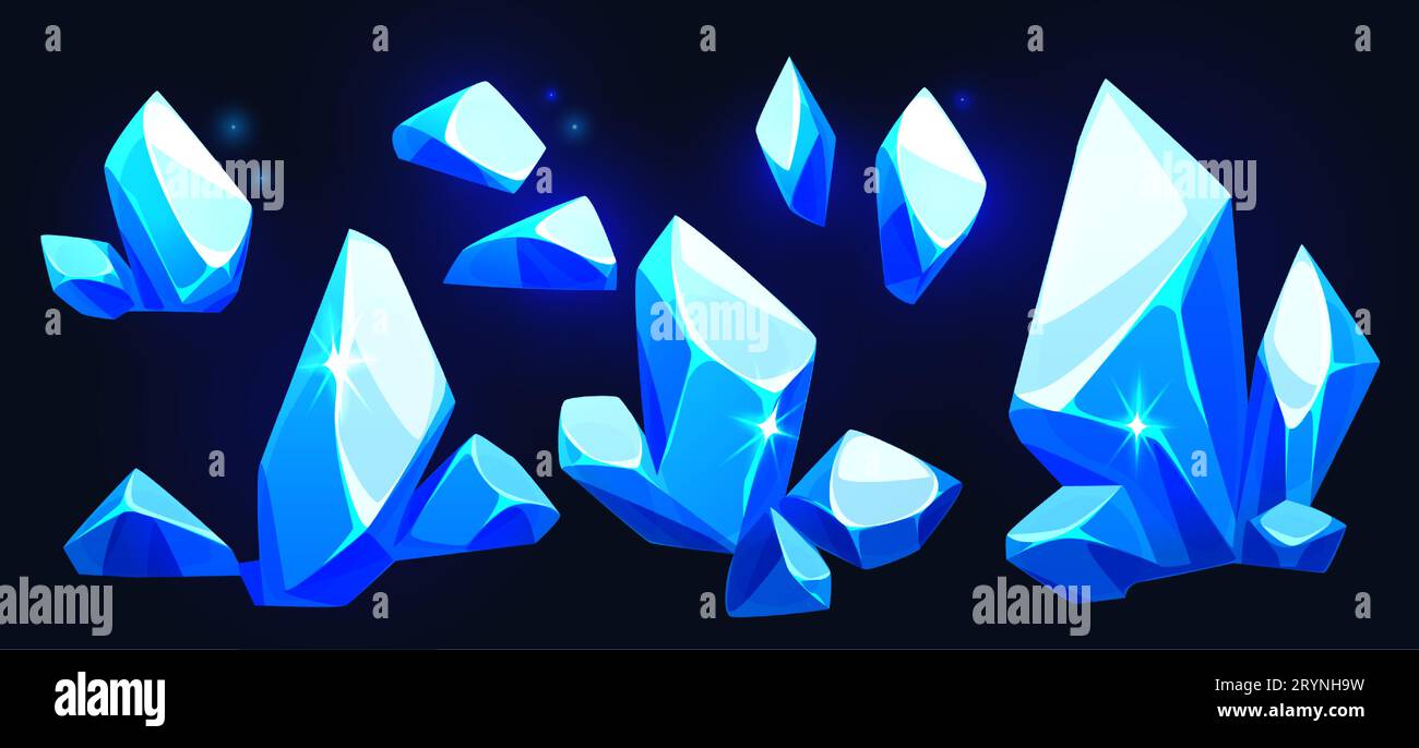 Blue crystal gem stone or diamond. Cartoon vector illustration of game ui assets jewel mineral resources for treasure or geology concept. Collection of gemstone chunk and precious or frozen rocks. Stock Vector