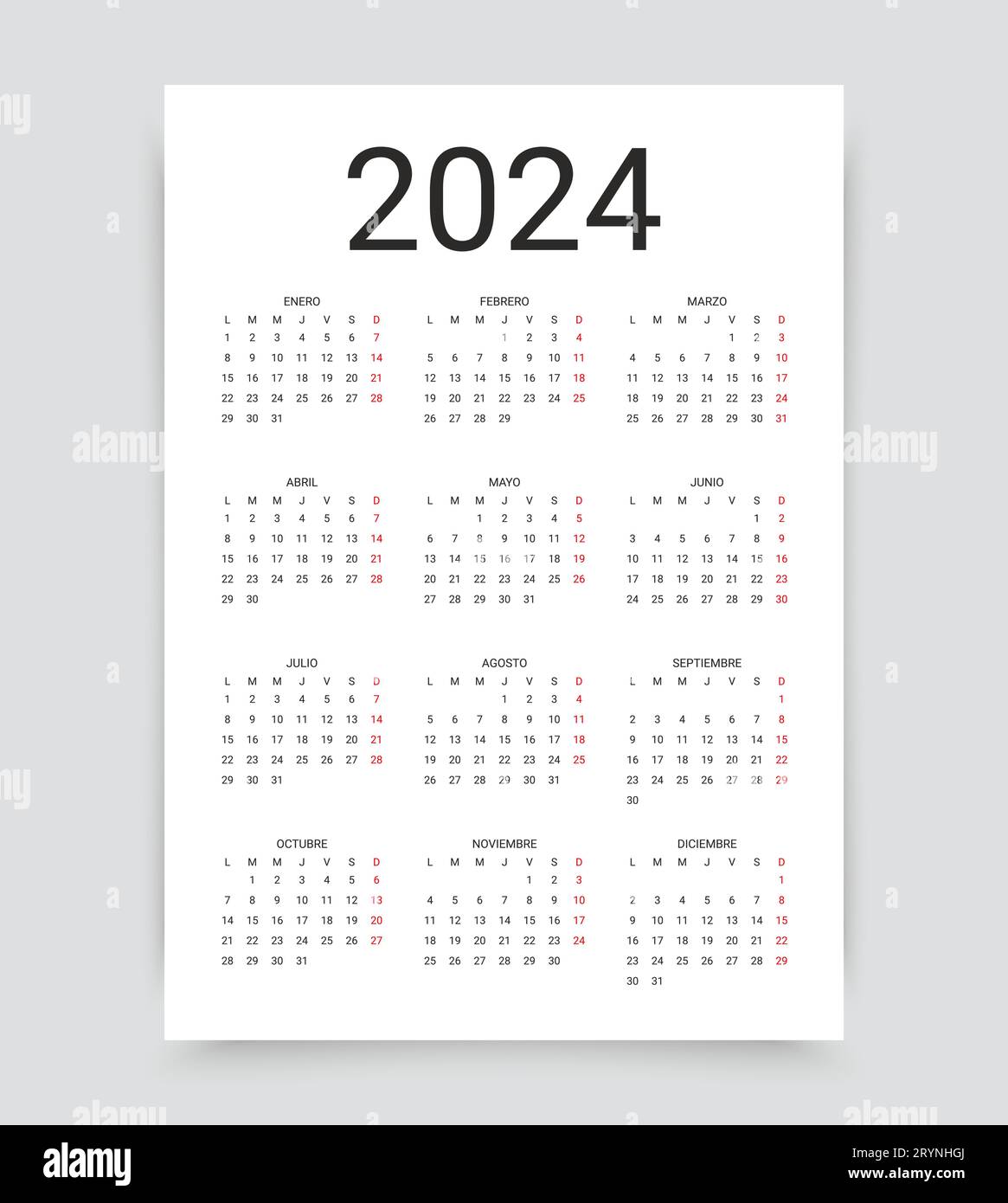 Spanish 2024 calendar for year. Week starts Monday. Pocket calender