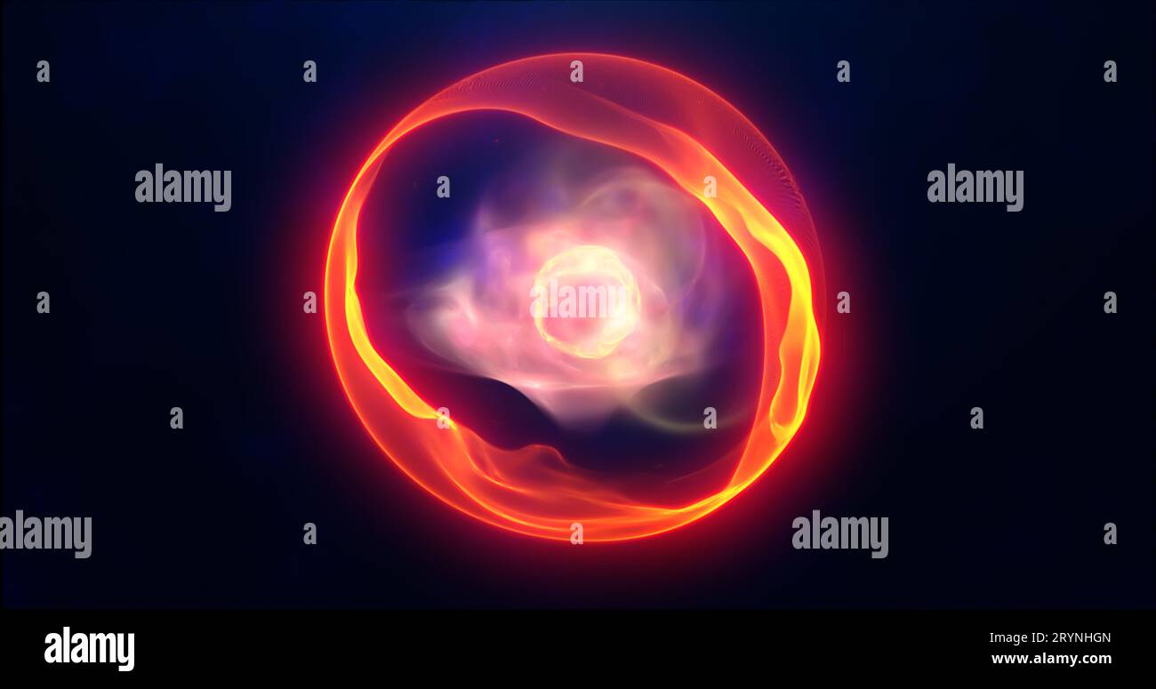 Orange energy sphere with glowing bright particles, atom with electrons ...