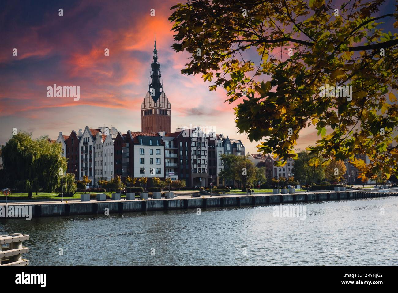 Elblag, Poland August 2022. St. Nicholas Cathedral Gothic tower View