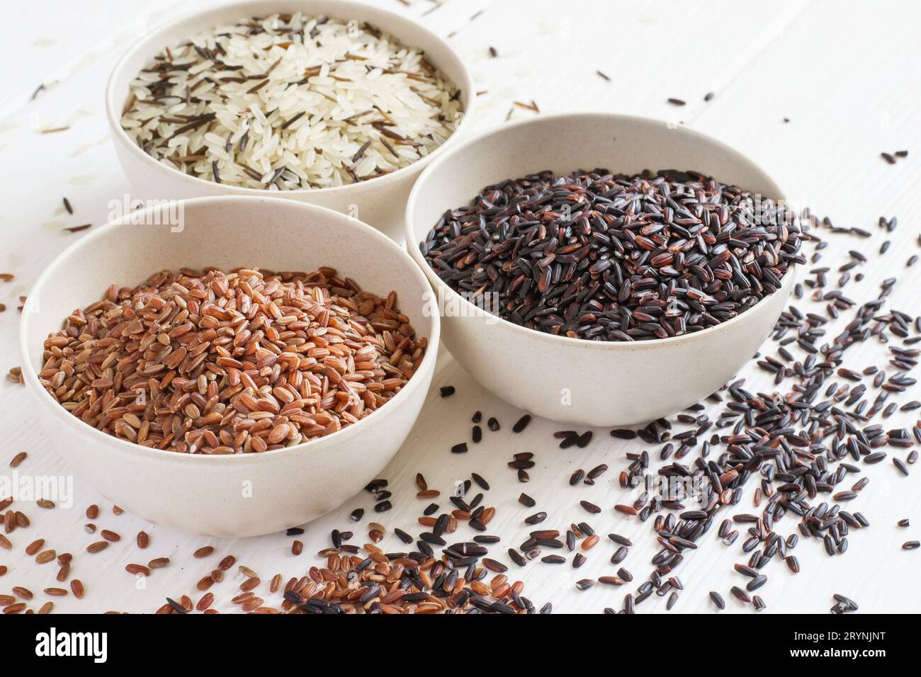 Selection of variety of gourmet rice in bowls. Selective focus Stock Photo