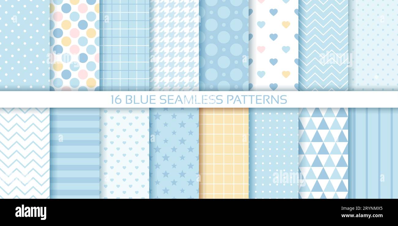 Scrapbook seamless background. Blue baby shower patterns. Set cute