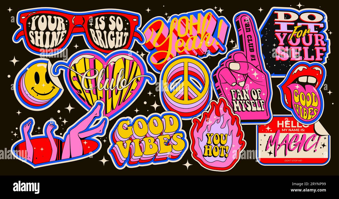 Set of the bright colored positive good vibes and motivational quotes and  sayings with retro boho hippie elements isolated on black background.  Vector Stock Vector Image & Art - Alamy