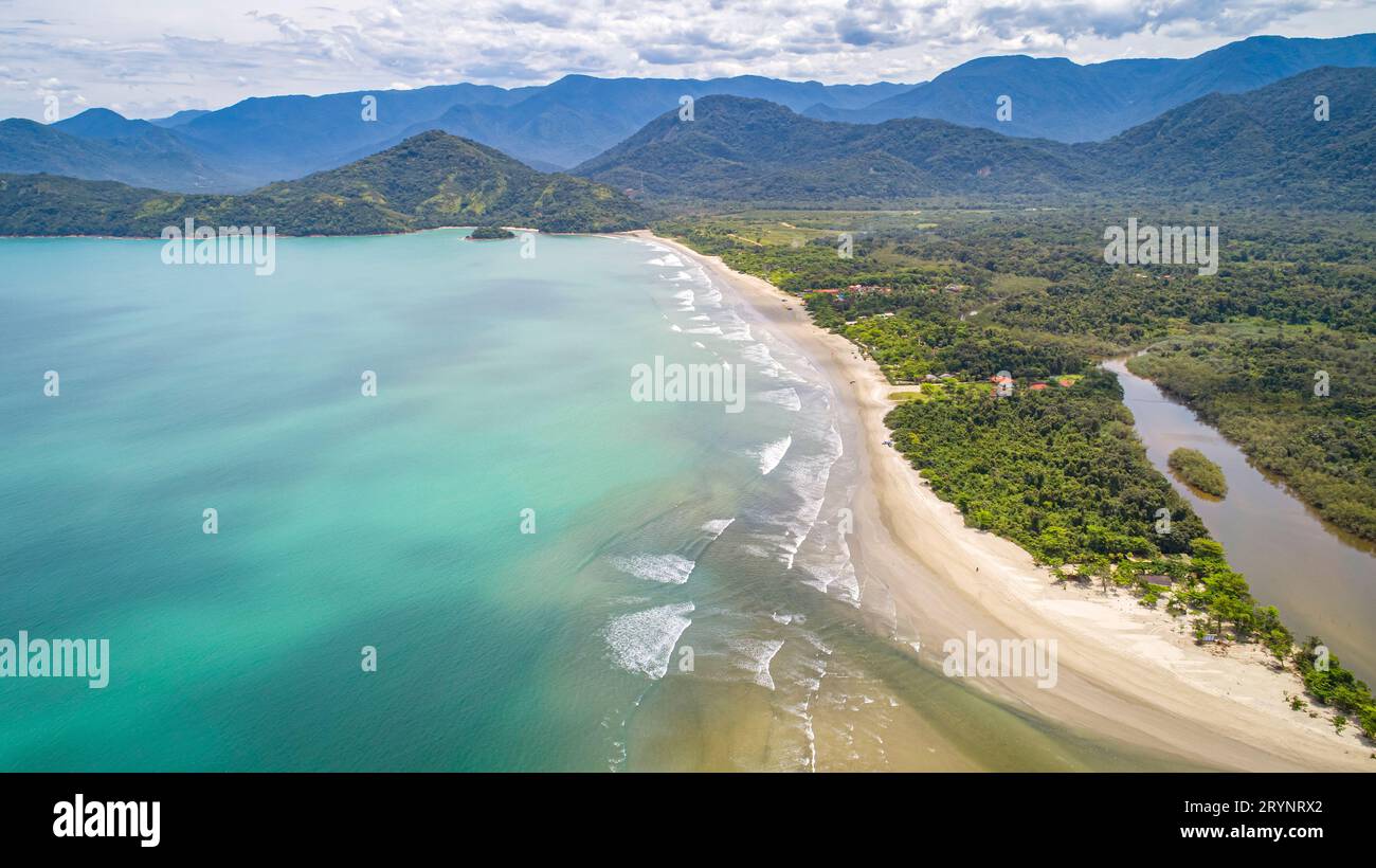 Aerial view of Green Coast shoreline with turquoise water, beach, river and green mountains, Brazil Stock Photo