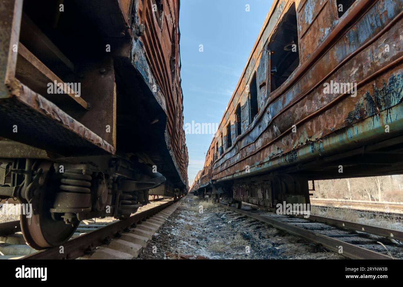 Damaged and burnt trains in Ukraine Stock Photo - Alamy