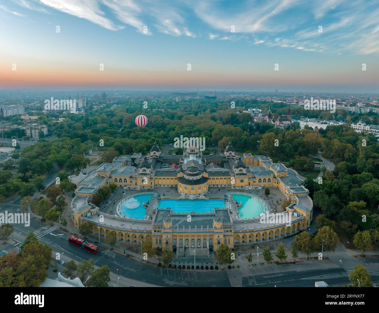 Aerial Photo about the thermal bath in Budapest. Iconic bath what name is Szechenyi thermal bath in the city park of Budapest. Hot water pools, sauna, Stock Photo