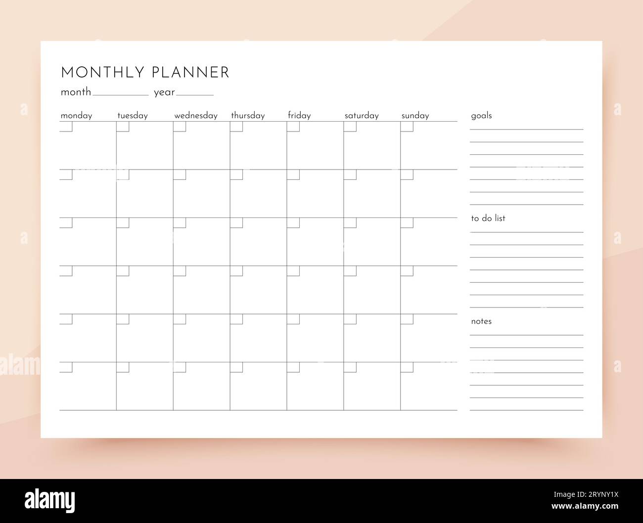 Monthly planner. Timetable for month with goals, to do list and