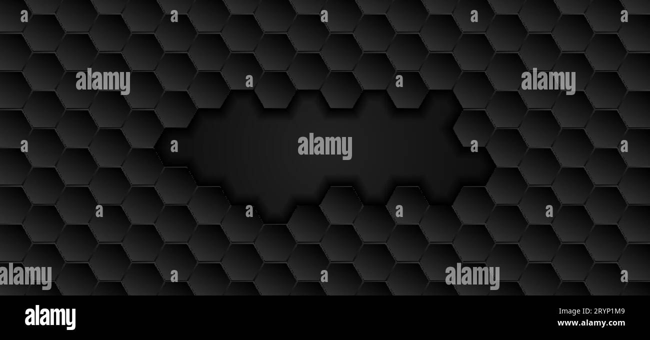 Black geometric hexagons abstract technology background. Dark modern futuristic vector design Stock Vector
