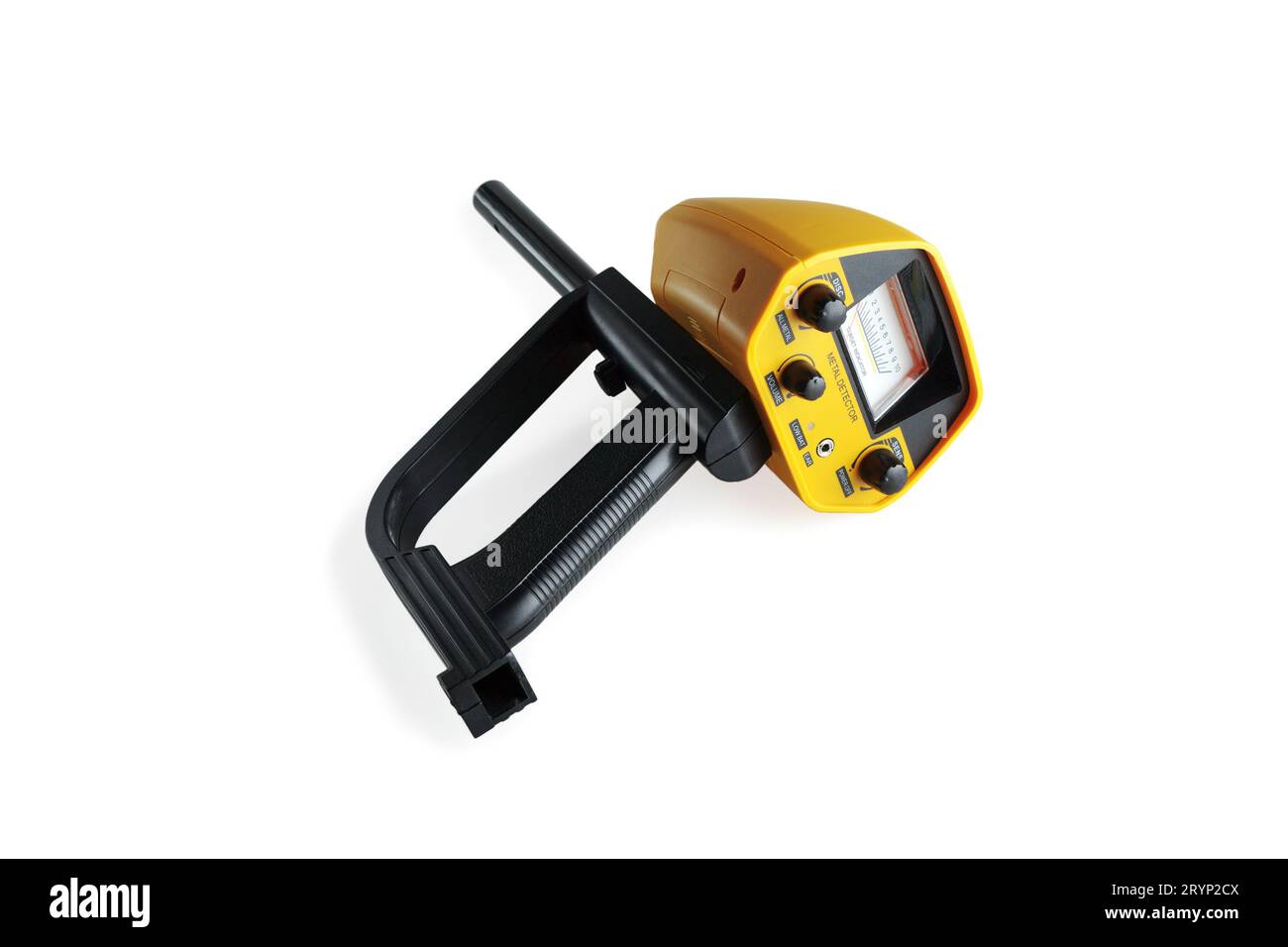 Metal detector yellow. Close-up. Isolated on white background. Stock Photo