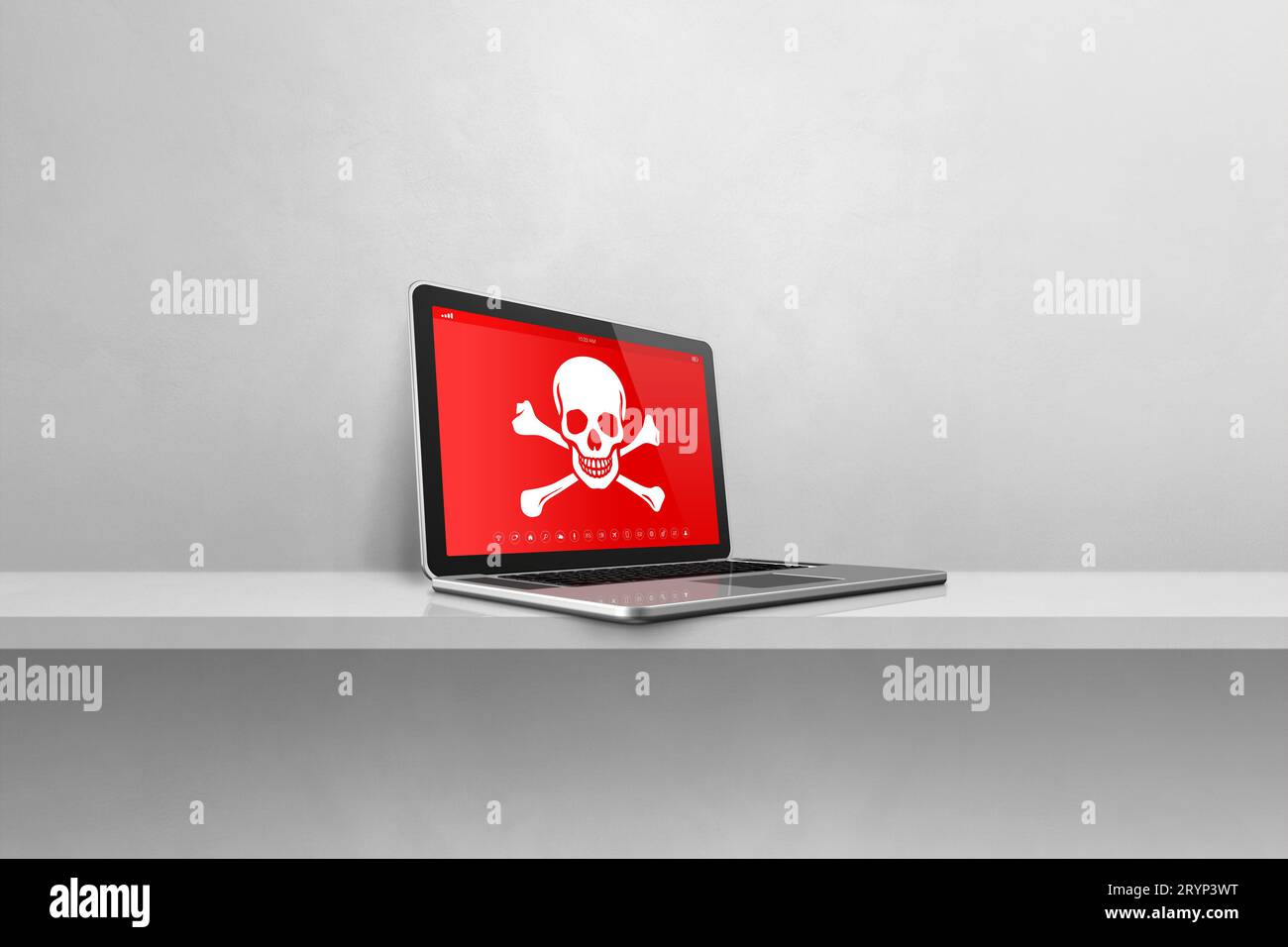 Laptop on a shelf with a pirate symbol on screen. Hacking concept Stock Photo