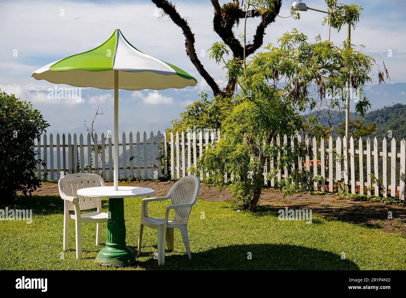 Idyllic view to a garden terrace with table and garden chairs under an parasol on a sunny day, plant Stock Photo